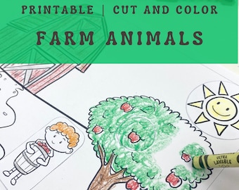Farm Animal Cut and Color, printable kids craft, easy farm craft for preschool class | scissors and fine motor skill builder.