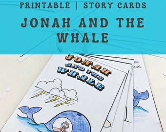 Jonah and the Whale Story Cards for Young Children, Printable coloring activity for a Sunday busy bag or a Christian Bible School party.