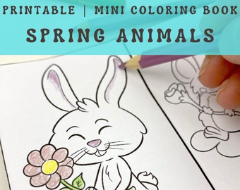 Mini livre de coloriage animaux printaniers pour enfants d'âge préscolaire, feuille de coloriage imprimable pour votre sac d'achat ou une activité de fête printanière.