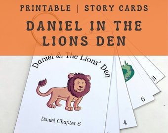 Daniel In The Lions Den Story Cards for Young Children, Printable coloring activity for a Sunday busy bag or a Christian Bible School party.