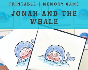 Jeu d'associations de Jonas et la baleine, jeu de mémoire imprimable pour un sac bien chargé le dimanche ou une fête à l'école biblique chrétienne.