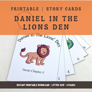 Cartões de história de Daniel na toca dos leões para crianças pequenas, atividade de colorir para impressão para uma bolsa ocupada de domingo ou uma festa da Escola Bíblica Cristã.