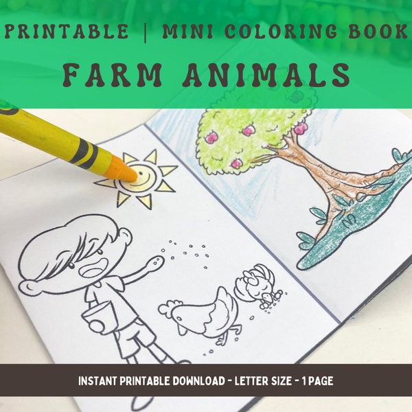 Mini libro da colorare per bambini della fattoria, attività da colorare stampabile per una borsa piena di impegni, un'aula o una festa di compleanno