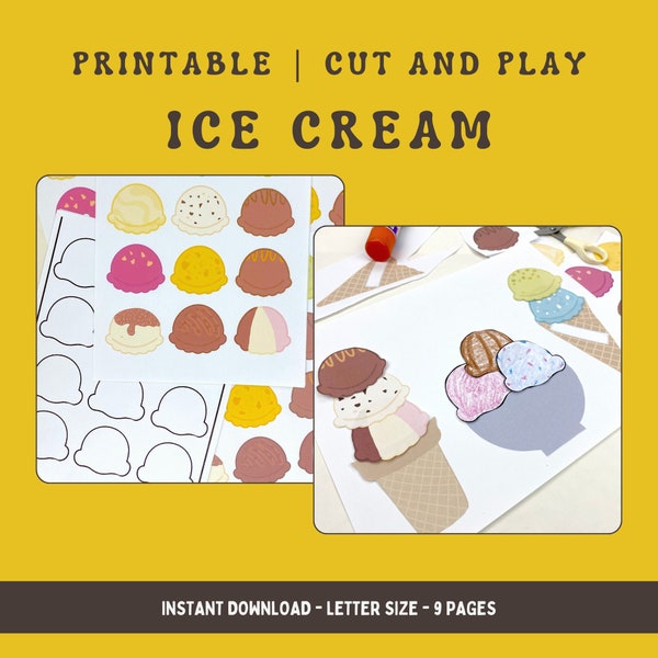 Taglia e gioca con il gelato, lavoretto stampabile per bambini, modello di gelato semplice, lavoretto estivo per classi prescolari, modello di creazione di carta cono gelato