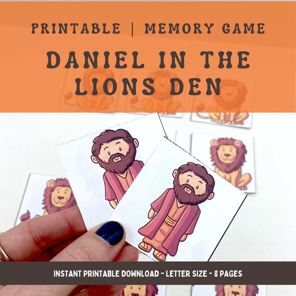 Daniel In The Lions Den Matching Game, Printable Memory game for a Sunday busy bag or a Christian Bible School party.