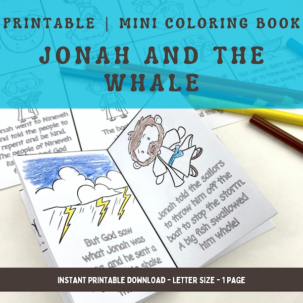 Mini libro da colorare per bambini Giona e la balena, attività da colorare stampabile per una borsa piena di impegni domenicali o una festa della Scuola Biblica Cristiana
