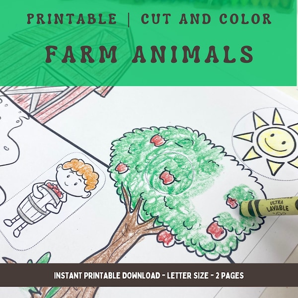 Farm Animal Cut and Color, printable kids craft, easy farm craft for preschool class | scissors and fine motor skill builder.