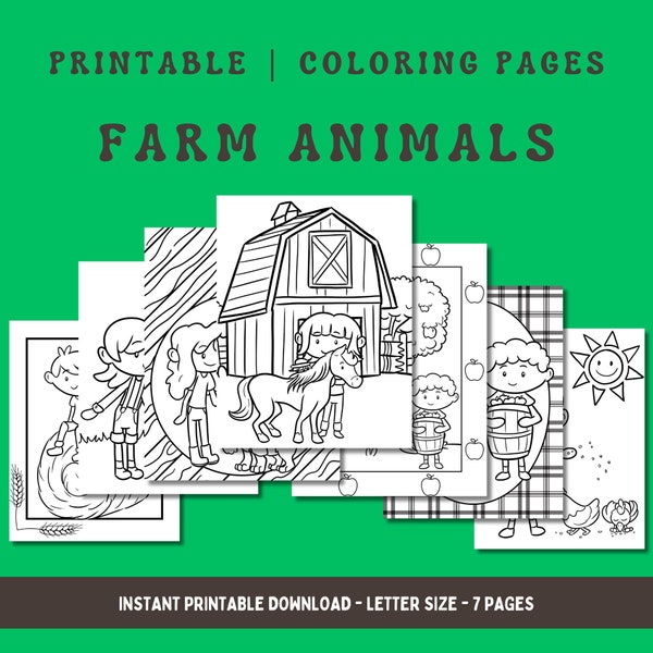 Animali della fattoria da colorare per bambini, attività da colorare stampabile per una borsa impegnata o una festa di compleanno.