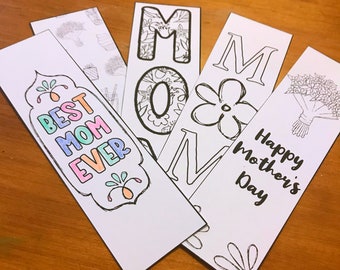 Mother's Day Bookmarks, Set of 5 printable bookmarks for mom, Coloring page Mom bookmarks, Gift for mom from kids, 2" x 7" bookmarks