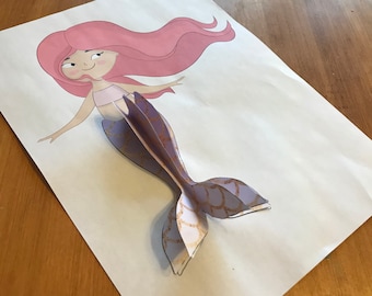 Paper Mermaid Craft for kids, 3D papercraft template, Mermaid coloring craft, Mermaid party, Mermaid printable, classrooom craft
