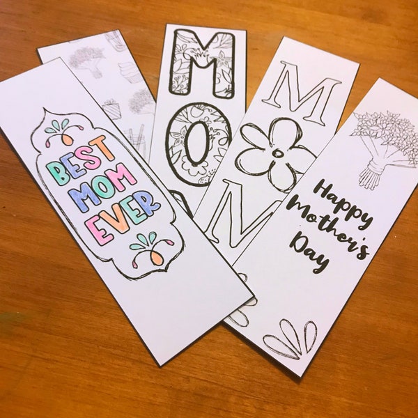 Mother's Day Bookmarks, Set of 5 printable bookmarks for mom, Coloring page Mom bookmarks, Gift for mom from kids, 2" x 7" bookmarks