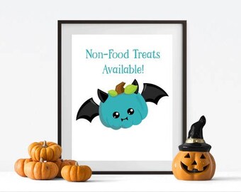 Teal Pumpkin Project Sign, Halloween printable, non-food treat, trick-or-treat, cute pumpkin, food allergy, teal bat, digital print