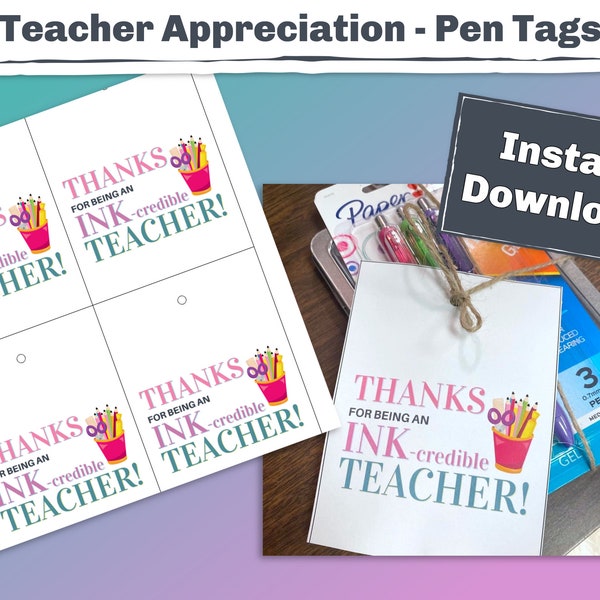 Penne Etichette per la settimana dell'apprezzamento degli insegnanti: insegnante credibile con l'inchiostro, idea regalo per l'insegnante per la fine dell'anno o anche per il compleanno. Stampa e aggiungi penne