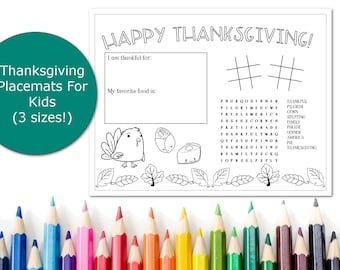 Thanksgiving Placemat for Kids, Printable placemats for children, Placemats for big kids, Coloring page place setting, Kids table,