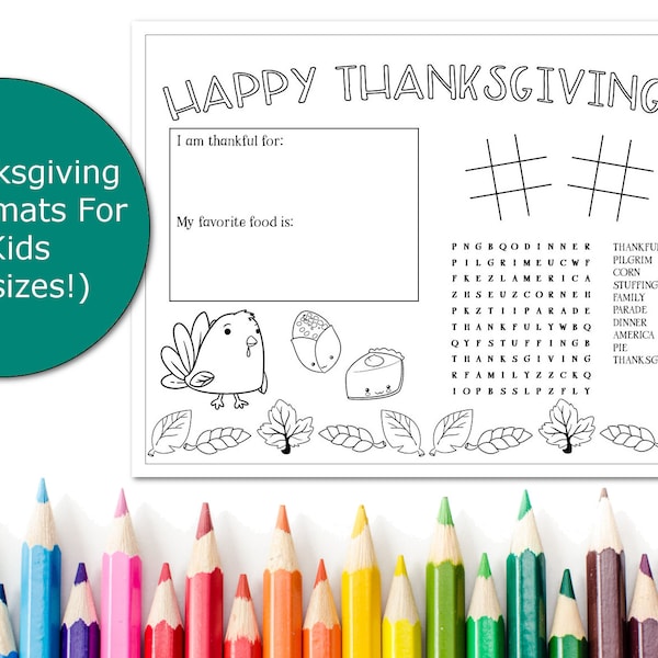 Thanksgiving Placemat for Kids, Printable placemats for children, Placemats for big kids, Coloring page place setting, Kids table,