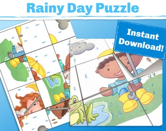 Easy Rain puzzle game for kids. This spring printable is perfect for the classroom or at home. A simple rain-themed puzzle for young kids.