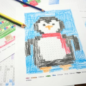 Peut inclure: Une feuille d'activit&eacute; de coloriage par num&eacute;ros avec un pingouin dessin&eacute; dessus. Le pingouin porte une &eacute;charpe rouge et se tient sur un fond bleu. La feuille comprend une l&eacute;gende de couleurs avec les num&eacute;ros 1 &agrave; 10, correspondant &agrave; diff&eacute;rentes couleurs.
