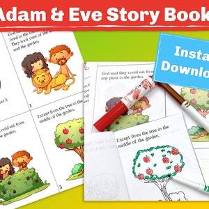 Adam en Eva verhaalkaarten. Kaarten in kleur of kleurpagina die helpen het bijbelverhaal te leren. Ideaal voor de zondagsschool, VBS of een drukke tas