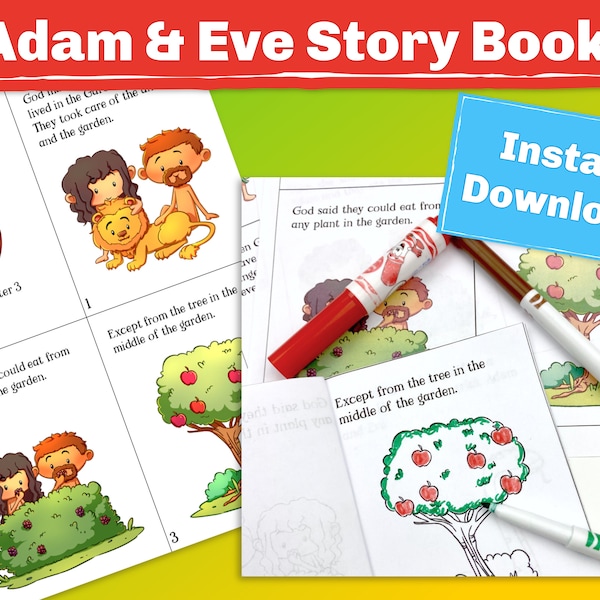 Adam and Eve Story Cards. Full color or coloring page cards that helps teach the bible story. Great for Sunday School, VBS, or a busy bag
