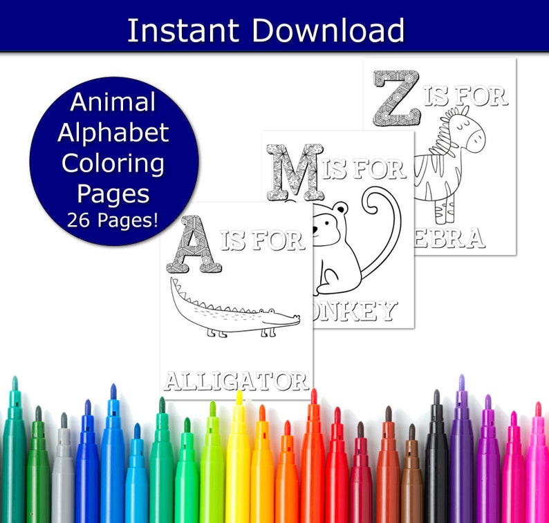 Animal Alphabet Coloring Pages for Kids, ABC Coloring Pages, Preschool Coloring Pages, Coloring Book, ABC Animal coloring book, Letters, ABC image 1