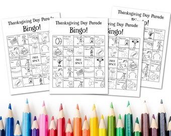 Thanksgiving party game, Printable parade bingo, Thanksgiving coloring page, Thanksgiving day activity,