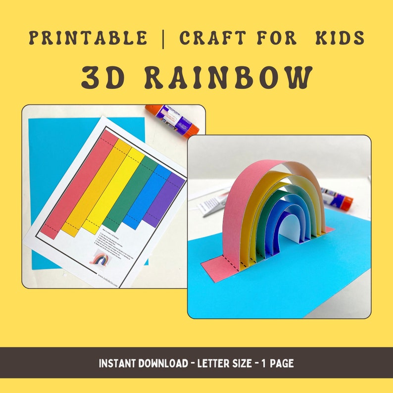 Image of the printable template and an image of the completed rainbow craft. Text reads "printable | craft for kids - 3D Rainbow"