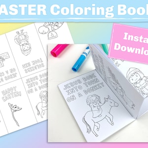 Könnte beinhalten: Ein Schwarzweiß-Malbuch mit Illustrationen von Jesus auf einem Esel, Jesus am Kreuz und anderen Szenen aus der Ostergeschichte. Das Buch ist auf einer Seite geöffnet, auf der "Jesus ritt in die Stadt auf einem Esel" steht.