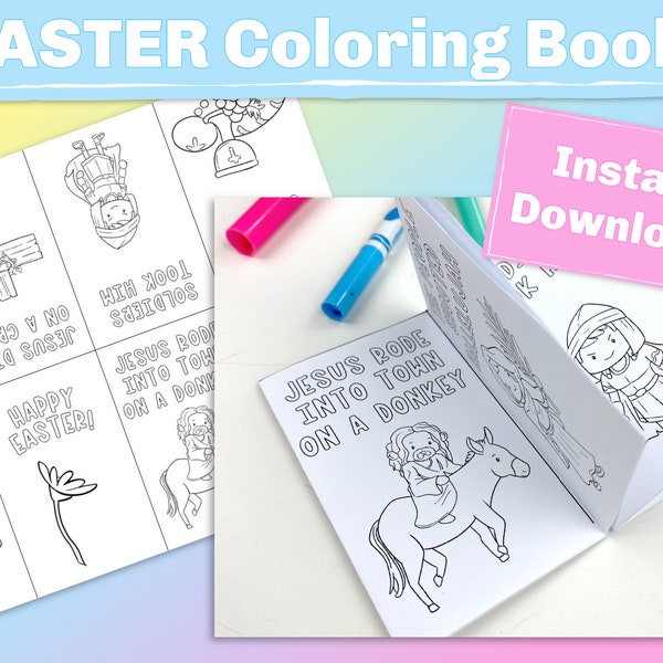 Mini Easter Story Coloring Book for Preschool, Printable coloring sheet for your Sunday buy bag or a Christian Bible School party activity.