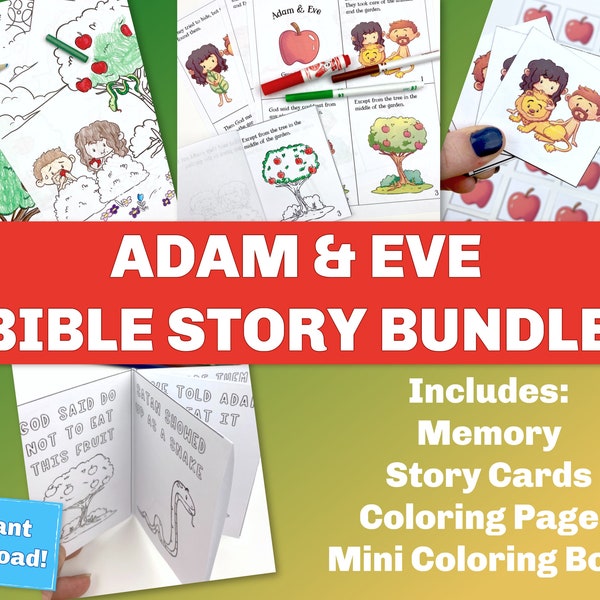 Adam and Eve Activities. 4 printable coloring pages and games that help teach the bible story. Great for Sunday School, VBS, or a busy bag