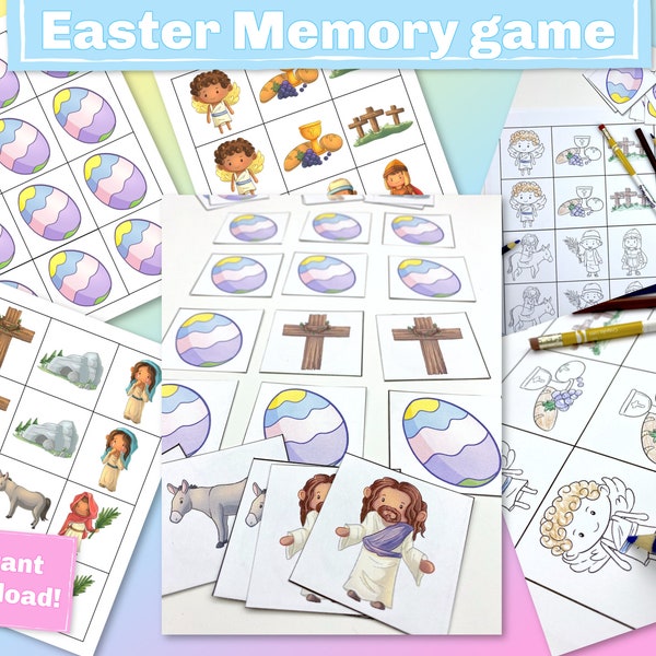 Gioco di abbinamento di storie di Pasqua per bambini piccoli, gioco di memoria pasquale stampabile per le borse occupate della domenica o un'attività di festa della Scuola Biblica Cristiana.