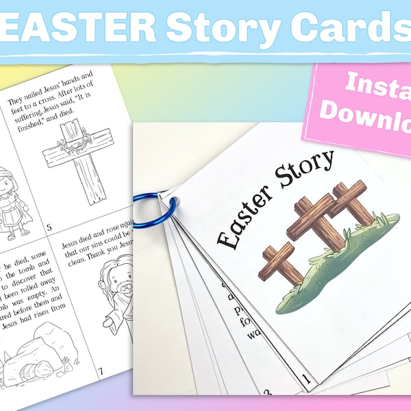 Easter Story Cards for Young Children, Printable Easter coloring activity for a Sunday busy bag or a Christian Bible School party activity.