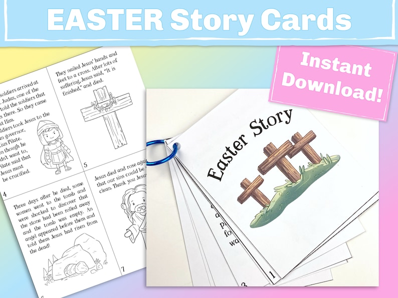 Easter Story Cards for Young Children, Printable Easter coloring activity for a Sunday busy bag or a Christian Bible School party activity. image 1