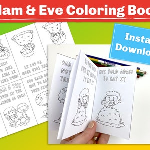 May include: A black and white coloring book with illustrations of Adam and Eve in the Garden of Eden. The book is open to a page that says "Eve told Adam to eat it".