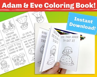 Mini Adam and Eve Coloring Book. Printable coloring page that helps teach the bible story. Great for Sunday School, VBS, or a busy bag.