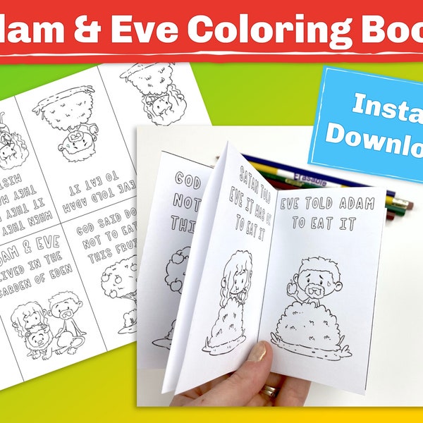 Mini Adam and Eve Coloring Book. Printable coloring page that helps teach the bible story. Great for Sunday School, VBS, or a busy bag.