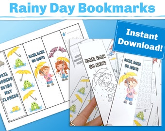 Rain bookmarks for kids. These spring bookmarks are perfect for the classroom or at home. Choose from full-color or coloring page style.