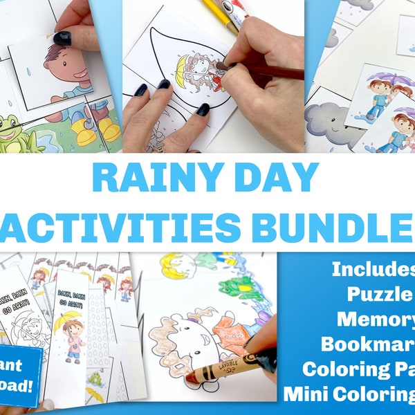 Rain activities for kids. These spring games and coloring pages are perfect for the classroom or at home. Includes 5 different printables.
