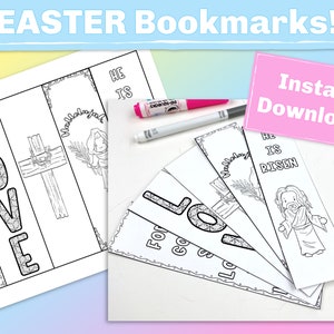 Religious Easter Bookmarks for Kids, Printable coloring Bible bookmarks for Sunday School during Lent or on Easter Sunday, He is Risen! 2x7
