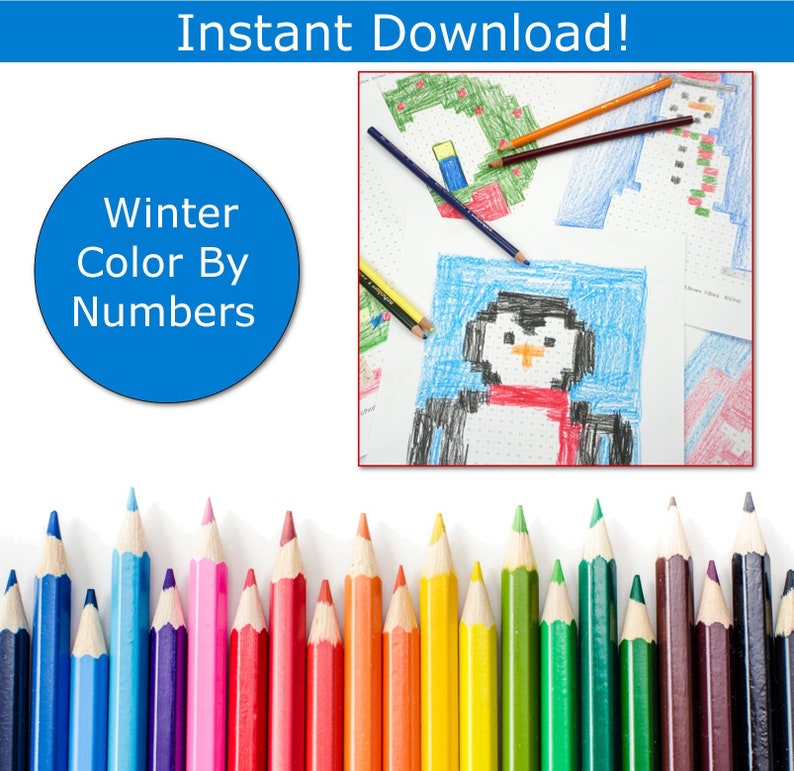 Peut inclure: Une activit&eacute; d'hiver imprimable &agrave; colorier par num&eacute;ros avec un pingouin, un bonhomme de neige et une couronne. L'image montre une vari&eacute;t&eacute; de crayons de couleur dispos&eacute;s en rang&eacute;e.