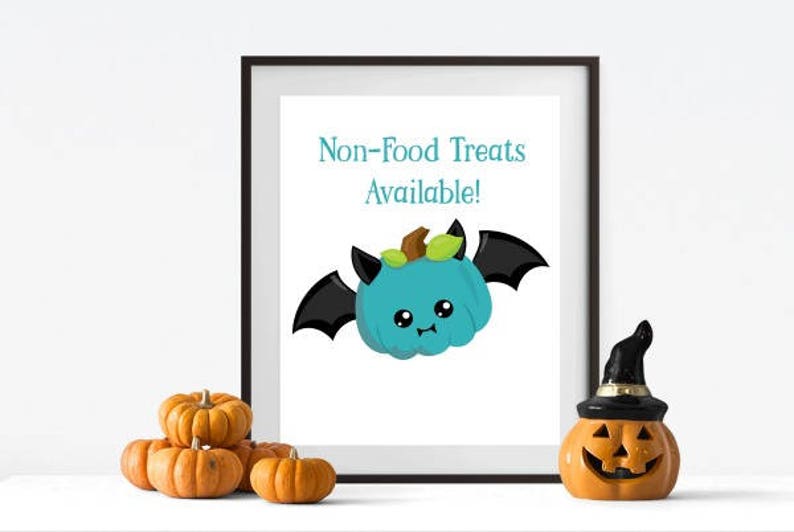 Teal Pumpkin Project Sign, Halloween printable, non-food treat, trick-or-treat, cute pumpkin, food allergy, teal bat, digital print image 1