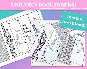 Unicorn Bookmark Set, 5 Printable Bookmarks for Girls, Coloring Bookmarks and Full Color, Bulk bookmarks for classroom or unicorn party, 2x7