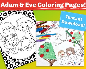 Adam and Eve Coloring Pages. 6 religious coloring sheets that help teach the bible story. Great for Sunday School, VBS, or a busy bag.