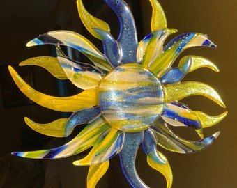 Blue/Yellow fused glass dichroic suncatcher