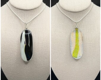 Multicolor sterling silver wire wrapped reversible dichroic fused glass pendant