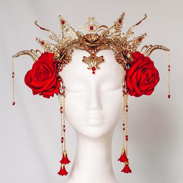 Rote Blumenkrone, Goldene Blumen Krone, Goldener Kopfschmuck, Hochzeitskrone, Braut Kopfschmuck, Goldkrone, Gold Heiligenschein Krone