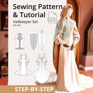 May include: A mannequin wearing a light pink and gold medieval-style dress with a blue cape. The image also shows sewing pattern diagrams for the Veilkeeper Set, including a bodice and dress designs. Text reads "Sewing Pattern & Tutorial".