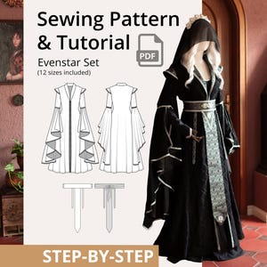 May include: A black Evenstar Set dress with a hood and long sleeves, featuring silver trim and a detailed design. The image also shows a sewing pattern and the text "Sewing Pattern & Tutorial Evenstar Set (12 sizes included) PDF STEP-BY-STEP".