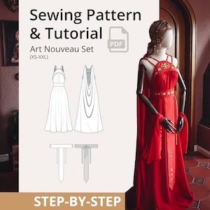 Puede incluir: Un vestido rojo Art Nouveau en un maniquí, con un patrón de costura y un tutorial a juego. El vestido presenta un cuello halter, una falda fluida y detalles dorados decorativos. El texto "Sewing Pattern & Tutorial" y "Art Nouveau Set" son visibles.