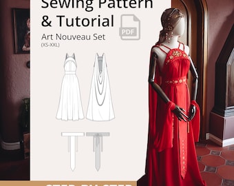 Patrón de costura para vestido y cinturón Art Nouveau (PDF): Cosplay, LARP, atuendo de festival, instrucciones paso a paso (talla XS-XXL)
