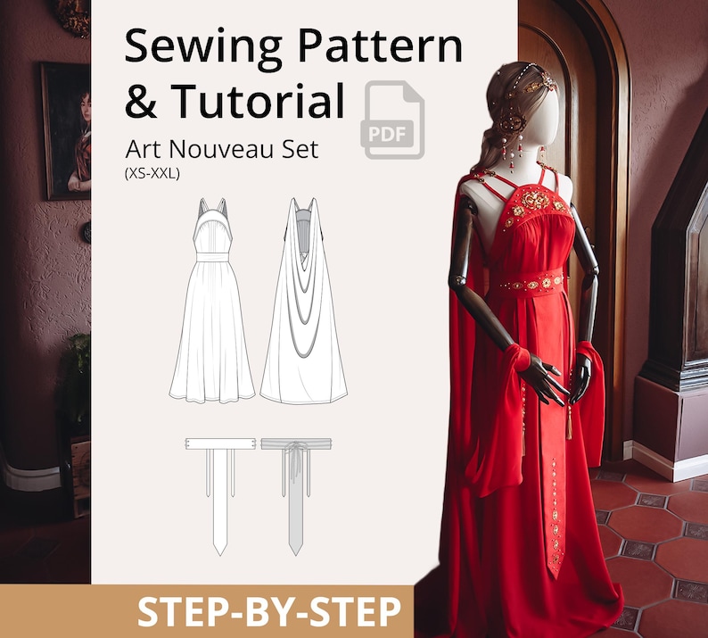Puede incluir: Un vestido rojo Art Nouveau en un maniqu&iacute;, con un patr&oacute;n de costura y un tutorial a juego. El vestido presenta un cuello halter, una falda fluida y detalles dorados decorativos. El texto "Sewing Pattern & Tutorial" y "Art Nouveau Set" son visibles.